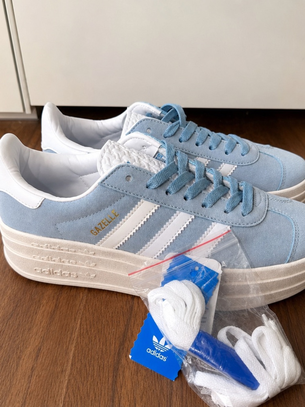 adidas Women’s Gazelle Platform Sneakers in Light Blue and White
